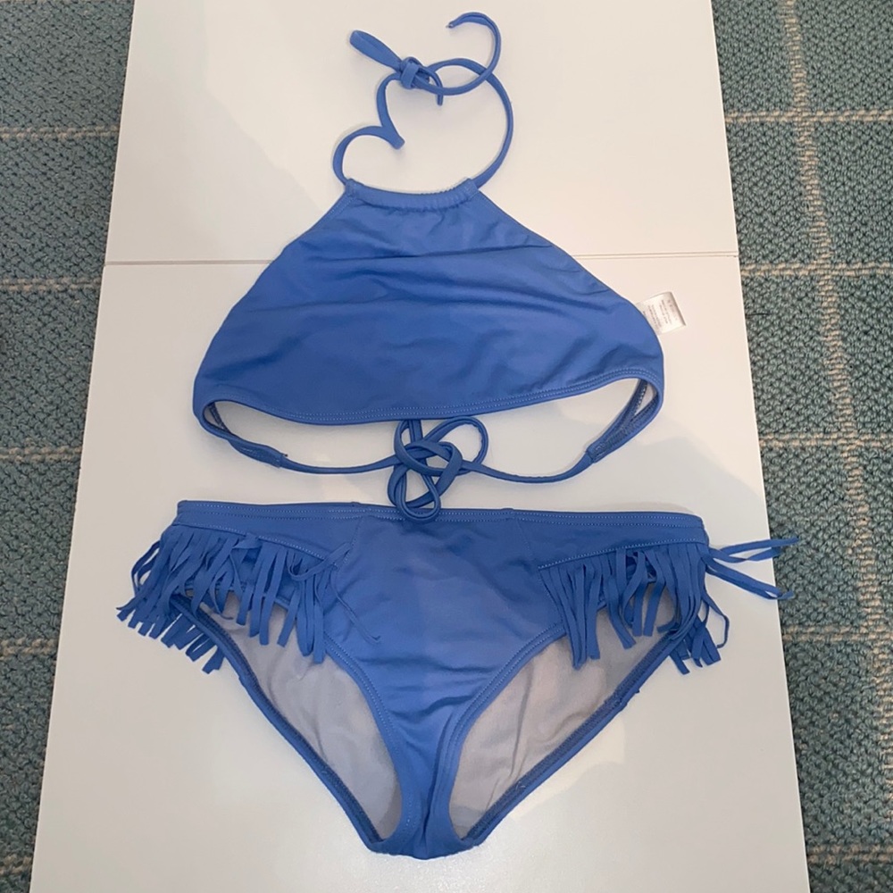 Billabong Girls High Neck Fringe Blue Bikini
